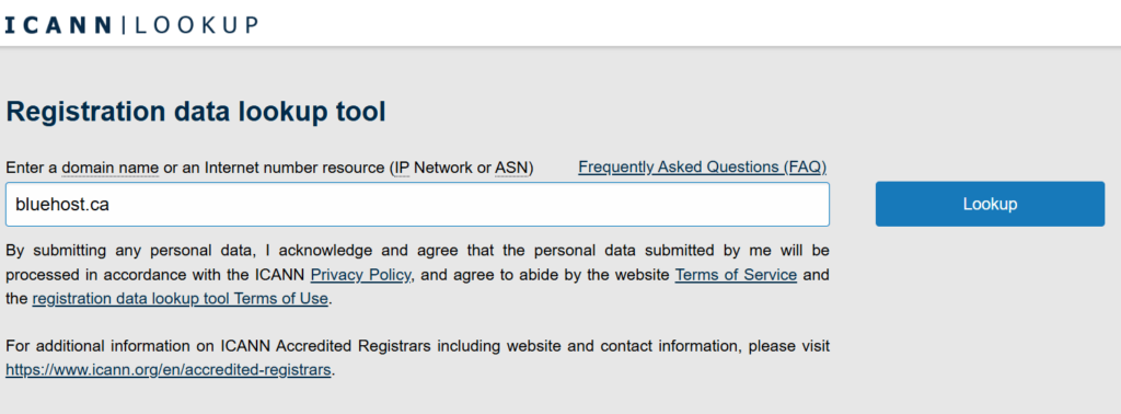 Enter domain name in ICANN lookup